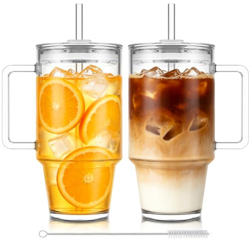 KEMORELA 24oz Clear Glass Tumbler with Handle, Lid & 13mm Stainless Steel Straws,2 set–Wide-Mouth Reusable Glass Cups for Cold & Hot Drinks, Ideal for Boba,Smoothies, Iced Coffee & Juice, Travel Cup