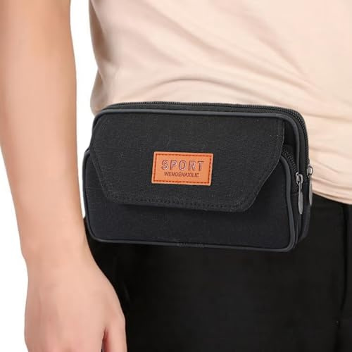 UZYXC Sacoche Ceinture Homme Noir en Toile Cirée - Pochette Téléphone Portable EDC Anti-Vol, Multifonction avec Poche à Fermeture Éclair, Double Couture Étanche pour Camping Randonnée Voyage