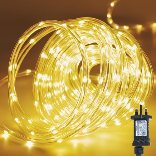 Gresonic Outdoor Rope Lights Mains Powered, 300LED 15m/49.21ft Warm White 8 Modes String Lights Plug in Timer Waterproof Indoor Outdoor forChristmas Garden Patio Tree Ladder Pathway Decor (300LED)