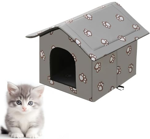 Katzenhaus für Draußen Winterfest Wasserdicht Mit abnehmbarem Transparentem Vorhang, 36x26x14cm Katzenhaus Outdoor, Katzenhöhle, Welpenhütte im Freien Waschbar Wetterfest Kuschelhöhle Tierheim