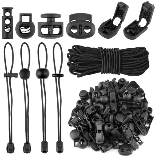 10M Elastische Gummischnur 3mm, Wefaly Gummiseil mit 40 Kordelstopper 2 Loch 1 Loch 40 Kordelklemme Gummikordel Gummiband Schwarz Rund Bungee Cord für Kordelzug Rucksack Bekleid Wäscheleinen