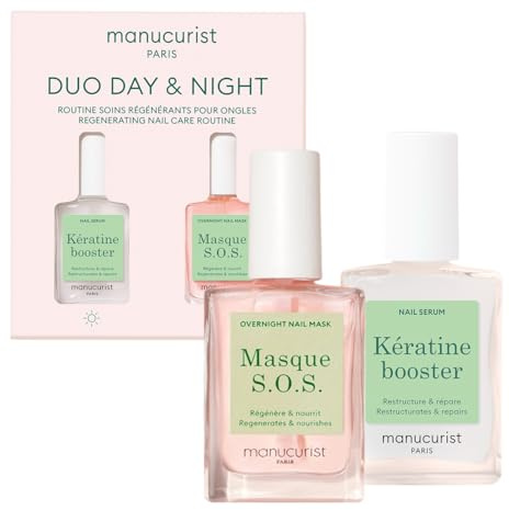 Manucurist Duo Day & Night - Routine for Soft or Damaged Nails - Nail Kit : 1 Nail Strengthener and Growth Serum, 1 Nail Night Mask - Express Nail Care Treatment - Intense Repair - Vegan