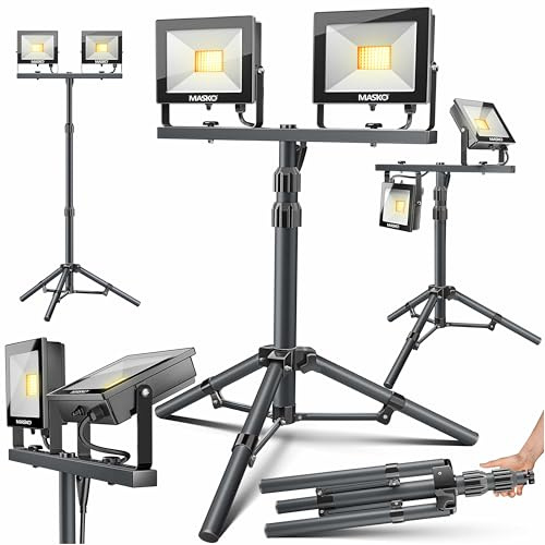 MASKO Projecteur de chantier LED 8000 lumens double 2 x 50 W avec trépied et télécommande Lampe de travail 72 LED Projecteur de travail rotatif à 180° Câble de 5 m Lampe de chantier Hauteur réglable