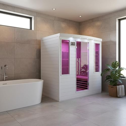 SNÖ Sauna Infrarouge Extérieur 4 Places 3100W | Panneaux Carbone, Chromothérapie, Bluetooth | Bois Hemlock Blanc, Porte en Verre Sécurisé, Ionisateur d'air | Dimensions 186x185x20cm