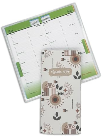 Nemau - Agenda de Poche 2026 - Format Compact – 64 Pages – Couverture en Gomme Expansée – Fabrication Française – Petit Agenda Pratique Pour Sac, Poche, Bureau et Déplacements - Décor Art Déco Beige
