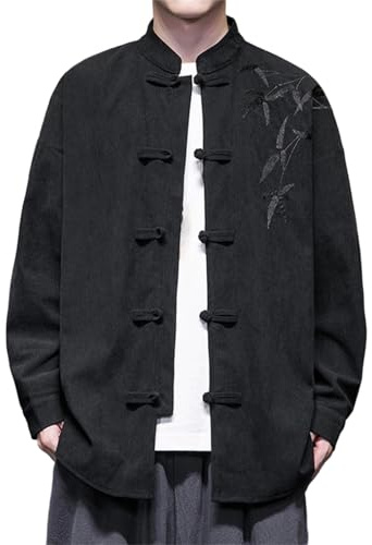 KBOPLEMQ Giacche in corda per uomini Tang-Abiti Giacche casual cappotti patchwork ricamati Stile cinese Camicia Tang Abito Hanfu Top tradizionale cinese con colletto a montante Manica lunga, O nero