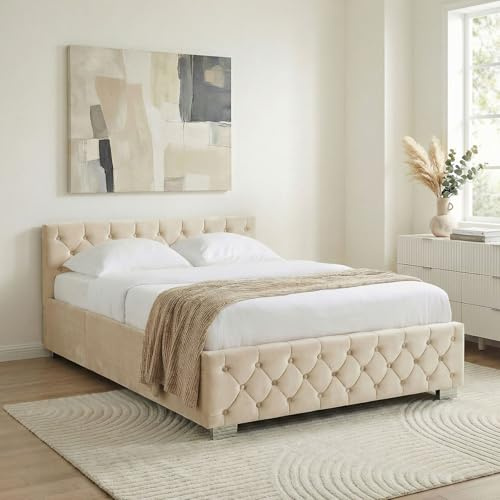 IDIMEX Lit Coffre NURI rembourré, Lit Double, Surface de Couchage 140x190 cm, Blanc Crème, Velours Doux et Lumineux, Design Intemporel et Raffiné, Sommier à Lattes Inclus
