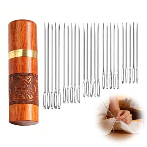 Aiguilles Couture Set Acier Inoxydable Boite Bois Hetre Broderie Kit | Pour laine, cuir, enfile-aiguille, projets artisanaux, couture, boîte hêtre, aiguille à coudre, main, atelier, mercerie
