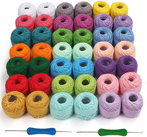 Kurtzy Buntes Häkelgarn Baumwolle (42 Knäuele) Inkl. 2 Häkelnadeln (1 mm & 2 mm) Wolle zum Häkeln Häkelwolle Wolle Set Wollknäuel (je 10 g) - Insgesamt 2520 m Häkelset Garn aus Baumwolle Bunt