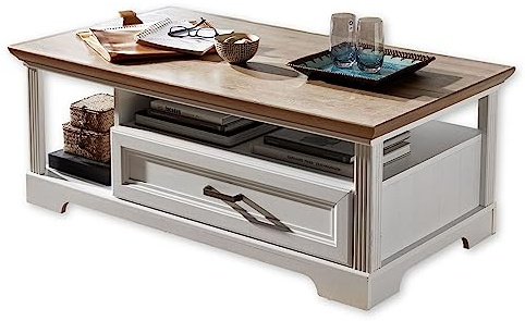 Stella Trading Couchtisch in Pinie hell, Artisan Eiche Optik - Sofatisch mit Schublade & Ablage für Ihren Wohnbereich im Landhausstil - 120 x 45 x 67 cm (B/H/T) | Sofatisch im Landhausstil für das Wohnzimmer, 1 Schublade, Ablageboden auf 2 Ebenen für Stauraum