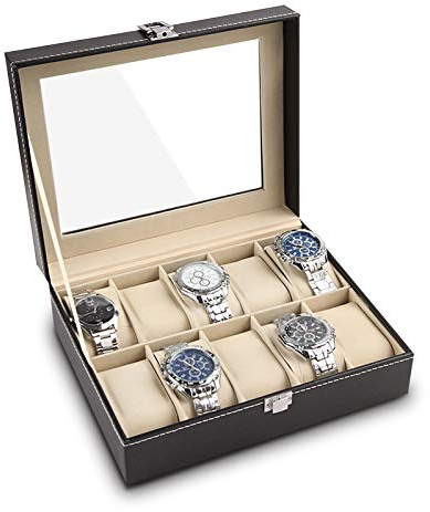 Boîte à Montres avec 10 emplacements, Présentoir à Montres Coffret à Montres Boîte de Rangement pour Montres avec Doublure en Velours Doux Couvercle en Verre et verrou en métal