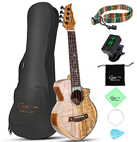 Hricane Concert Ukulele 23 inch UKS-2, 4 Strings Ukeleles For Beginners, Sapele Hawaiian Ukele with Ukulele Case and Ukele String Set (Spalted Maple Glossy)