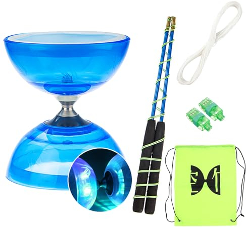 Diabolo Freiläufer mit kugellager Dreifache Lagerung Set, 4 Farben Blinkendes Dreifachlager-Diabolo mit Ersatzseil 10m, Profi-Stange, Netzbeutel