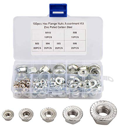 M3-M10 100 Stück Sechskant-Flanschmuttern Sets, Sechskant-Karbonstahl Zink gezahnte Gewindemuttern Kit Flansch Sicherungsmuttern Sortiment Kits