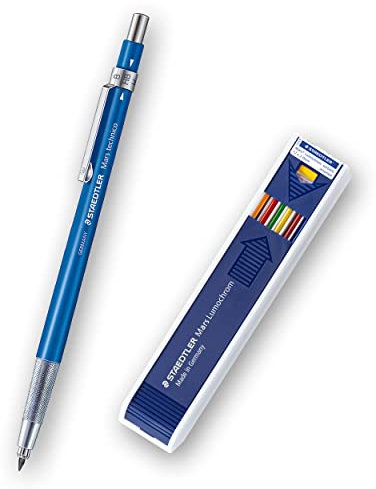 STAEDTLER Mars Technico 780 C Set, 1 Fallminenstift, hohe Qualität, mit Metallclip und HB Mine, integrierter Minenspitzer, Schaftfarbe blau + 12 farbige Nachfüll-Minen, 780 CX