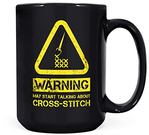 Mug Monster Mug humoristique avec inscription « Warning May Start Talking About Cross Stitch Stitch » – Tasse à café en céramique, cadeau pour homme ou femme, très grande et géante disponible –
