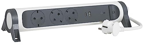 LEGRAND, Drehbare Steckdosenleiste, 3-fach Steckdose, Mehrfachsteckdose, USB-A- und USB-C-Anschluss, integrierter Überspannungsschutz mit Statusanzeige (SPD), 1,5m Kabel, Ultraweiß/Dunkelgrau, 694508