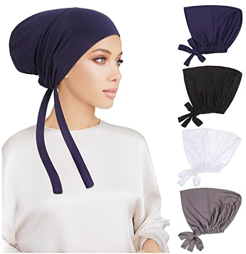 PHOGARY 4 Stück Frauen Undercap Hijab, Islamische Muslimische Unterschal Hijabcap mit Tie Back Closure Solid Color Unter Schal Hijab Mütze Turban Kopfbedeckung Chemo Kopftuch Schlafmütze