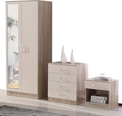 AFN Gladini High Gloss Mirrored 3 Piece Bedroom Furniture Set - Includes Wardrobe, 4 Drawer Chest, Bedside Cabinet (Cream/Oak)