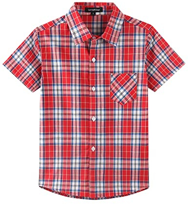 Spring&Gege Chemise à carreaux à manches courtes pour garçons, chemise de loisirs pour enfants, rouge/bleu, 7-8 ans