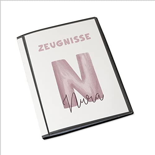Persönliche Zeugnismappe für Kinder - Einschulungsgeschenk - inkl. 20 Klarsichthüllen DIN A4 - für Mädchen und Jungen - hellomini (Rosa Buchstabe)