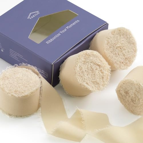 Chiffonband Seidenband Beige, FAKILO 18,3 Meter Chiffon Band, 25mm Dünn fransen chiffon seidenband für Hochzeit, Hochzeitsstrauß und Geburtstag Geschenk, Tischdekoration