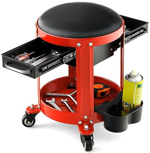IRONMAX Rollender Mechaniker-Hocker mit 2 Schubladen, 150 kg Kapazität, Auto-Creeper-Stuhl mit Rollen, Werkzeugablage, Dosenhalter und abnehmbarem, gepolstertem Sitz, runder Garagenrollsitz für