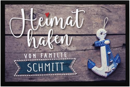SpecialMe® Fußmatte Heimathafen von Familie mit Namen personalisiert Anker Motiv Maritime Deko Meer rutschfest & waschbar Schwarz 60x40cm