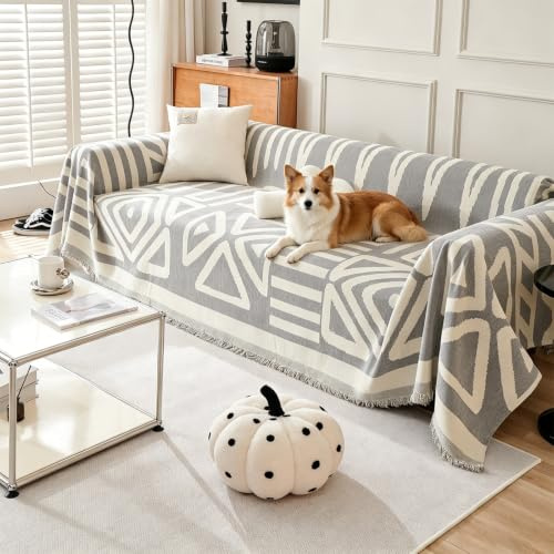 VanderHOME Chenille Sofa Überwurfdecke 2/3 Sitzer, Boho Doppelseitig Sofadecke mit Fransen, Verschleißfeste Dekorativ Decke, Kann als Sofa Cover, Sofa Überzug, Sofaschoner 180 * 230cm-Grau