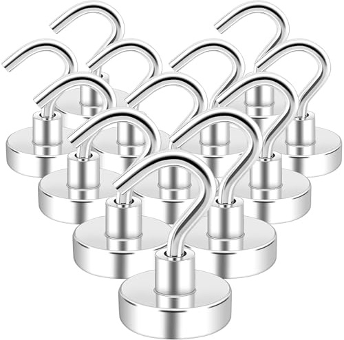swihorab Magnethaken, 12Stück Extra Stark Magnet Haken 15kg Super Starke Neodym Magnete mit Haken, 20mm Neodym Magnete Haken für Küche, kühlschränke, Klassenzimmer, Kreuzfahrt Magnethacken Silber
