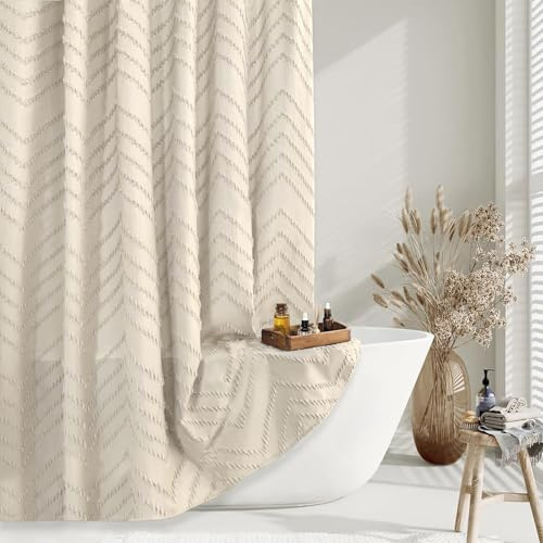 Hoher Duschvorhang, 190 cm lang, beige, Boho, niedlich, schick, getuftet, Chevron, strukturiert, gestreift, modern, minimalistisch, Duschvorhänge für Badezimmer