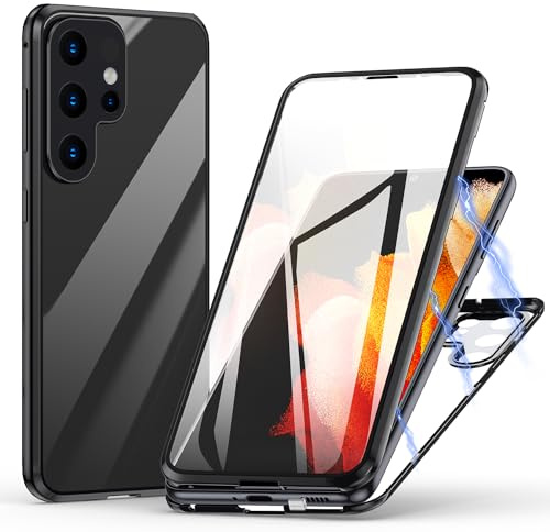 Hülle für Samsung Galaxy S24 Ultra, Magnetische Adsorption Handyhülle 360 Grad Schutz Aluminiumrahmen mit Gehärtetes Glas, Starke Magneten Stoßfest Metall Flip Case Cover - schwarz
