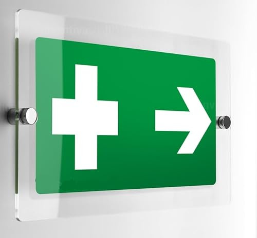 Global Targa Cartello in plexiglass - Pronto soccorso con freccia destra - Con Distanziali in acciaio inox (15x21 cm)