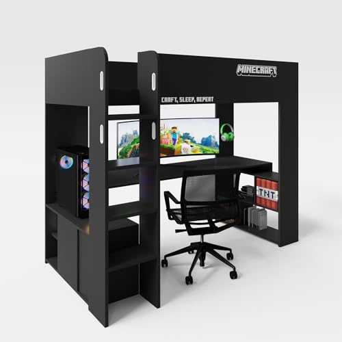 phoenix group AG Minecraft - Kojenbett, Hochbett, Gamingbett 120x90cm, mit Leiter, Schreibtisch und Stauraum, Schwarz Carbon Optik