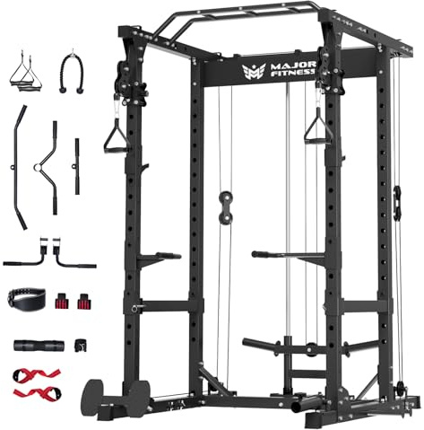 Major Fitness Drönare 1 Power Cage – Multifunktionellt kraftställ för hemmagym, knäböjningsställ med pull-up stång, kabel crossover system, J-krokar, för styrketräning, kraftig stålkonstruktion