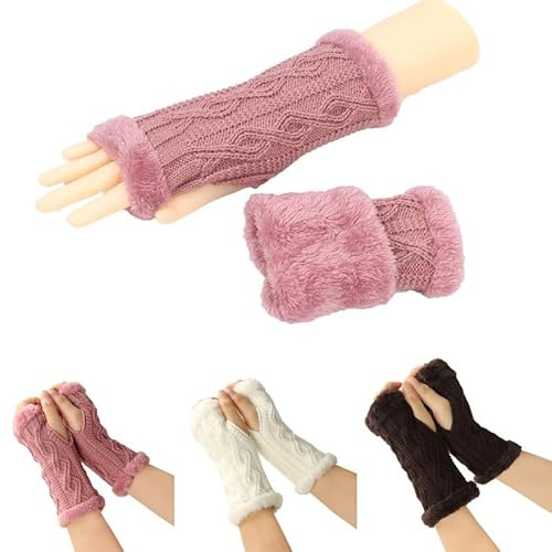 Alxad 3 Paar Winter Gestrickte Handschuhe für Damen, Warme Fingerlose Handschuhe lang Handwärmer Stulpen, Strick Armstulpen Pluswärmer Halbe Handstulpen