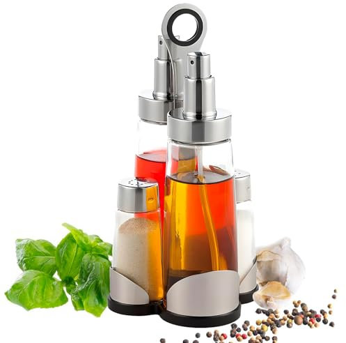 Avilia Set 5 Pezzi Olio e Aceto/Sale e Pepe in Vetro e Acciaio Inox 200/60ml Argento - Dimensioni 22x9,8x11cm - Materiali Resistenti e Facili da Pulire - Incluso Supporto Ergonomico in Metallo