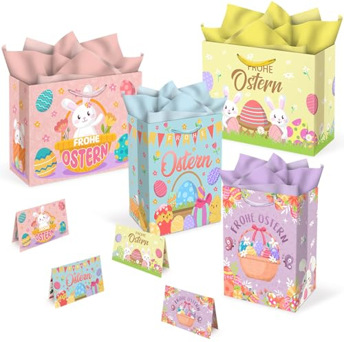 4-PACK Ostern-Geschenktaschen, 33 x 26 x 12.5CM, mit Karten und Tissue-Papier, Frühlingsferien-Papiertaschen für Osterfest-Bevorzugung, Geschenkverpackung