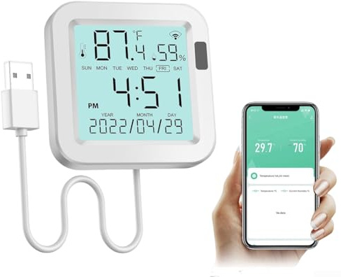 For Tuya WiFi Room Thermometer, Smart Thermometer and Hygrometer Humidity Sensor, With USB Charging For Home Monitoring