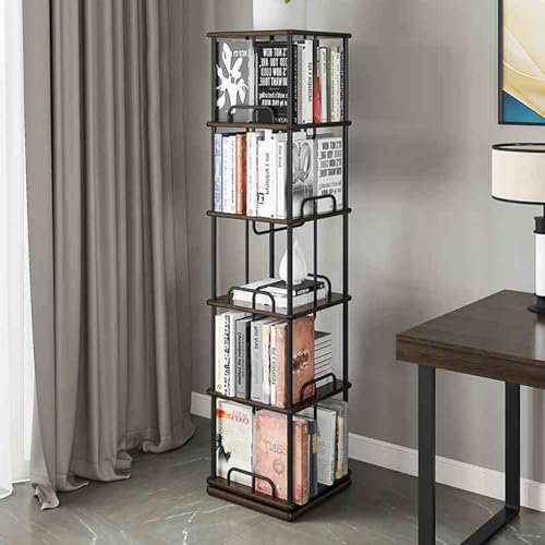 HARELA Drehbares Bücherregal 5-Tier, 360° Rotating Bookshelf, Metall Bücherturm Bodenstehendes, Vertikales Bücherregal, Mehrstöckiges Lagerregal Freistehendes Bücherregal(Brown 2)