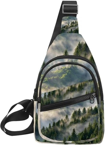 Misty Pine Forest on The Mountain Slope in a Nature Reserve Sling Backpack, Adjustable Crossbody Shoulder Bag Travel Hiking Daypack