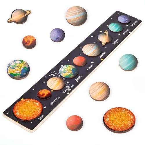 Montessori Spielzeug für Kinder ab 3 Jahren, Holz Sonnensystem Puzzle Board Lernressourcen für Kleinkinder Jungen Mädchen