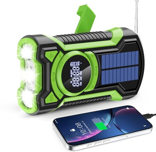 Radio impermeable IPX5 de emergencia meteorológica, Bluetooth portátil AM/FM/NOAA, radio de manivela de mano, carga solar, con linterna y cargador de teléfono celular de 5000 mAh, radio USB o batería