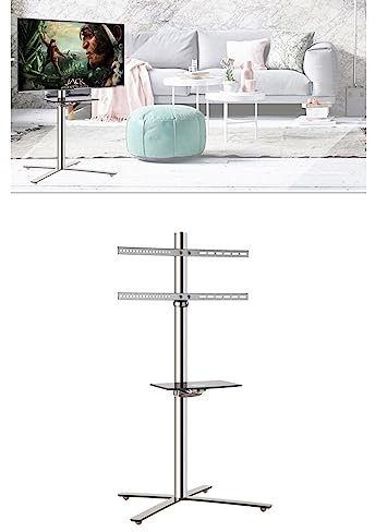 SQMGFA Universeller TV-Ständer, TV-Bodenständer für 32-60-Zoll-Fernseher, tragbarer mobiler TV-Wagen, Boden-TV-Ständer mit Ablage aus gehärtetem Glas, Edelstahlrahmen, perfekt für Ecken u