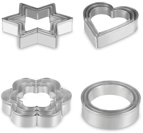 AUAUY 12PCS Moldes Galletas, Acero Inoxidable Cortadores de Galletas con Forma de CorazóN, Flor, Estrella y Redondo, Moldes para ReposteríA, CumpleañOs, Navidad y San ValentíN