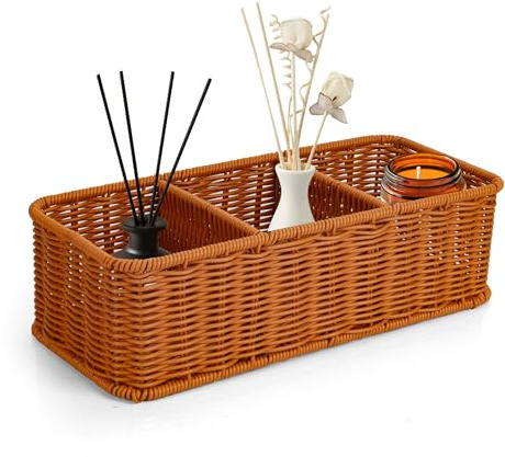 YKUKIZEE Wicker Storage Basket with 3 Compartments, 35x15x10 cm Plastic Rattan Storage Baskets, Rectangular Woven Storage Basket For Bathroom Toilet Tank Bedroom Organization