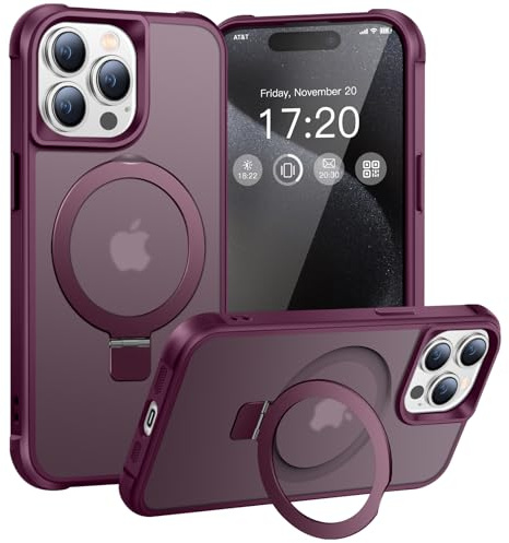 BENTIACC Custodia per iPhone 15 Pro con supporto magnetico, bordeaux | Apertura a 120°, resistente agli urti, antigraffio, impronte digitali, antiscivolo, per avere le mani libere