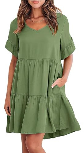 XFSRG Vestidos Verano Mujer Suelto Cuello V Volantes Vestidos Color Sólido Dress Casual Manga Corta con Bolsillos (Verde XL)