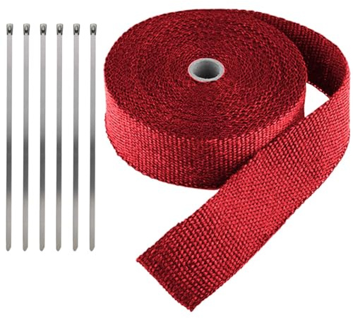LKRXW Cinta Anticalorica Para Escapes Cinta Aislante Térmica Coche Fibra de Vidrio Banda Aislante Anti Calor Protección Tubo Colector Escape Rojo 5CM X 10M con 6 Bridas