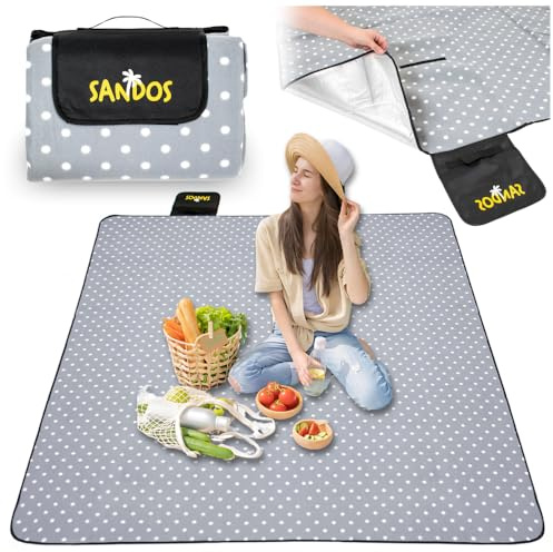 ZOLTA Picknickdecke, 200 x 200 cm, Stranddecke, Wasserdicht, mit Tragegriff, Outdoor, Camping, Park, Garten, wasserfeste Unterseite, faltbar, leicht, grau mit weißen Punkten